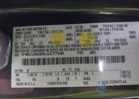 2020 Ford Escape Se z USA, uszkodzony, nr VIN 1FMCU0G65LUC77246